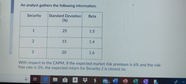 An analyst gathers the following information: Security Standard Deviation Beta 25 1.5 15 1.4 20 1.6...