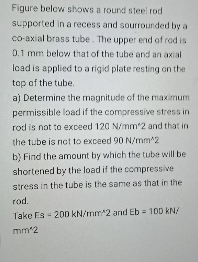 Figure below shows a round steel rod supported in a recess and sourrounded by a co-axial brass tube....-1