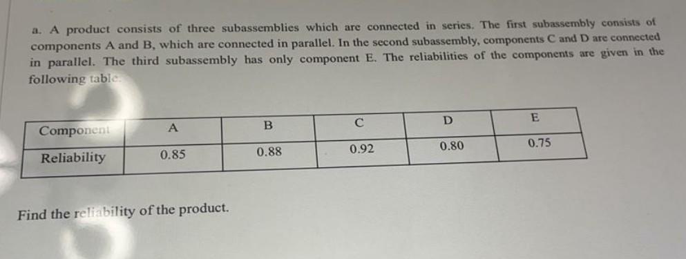 A product consists of three subassemblies which are connected in series. The first subassembly...