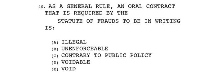 AS A GENERAL RULE, AN ORAL CONTRACT THAT IS REQUIRED BY THE STATUTE OF FRAUDS TO BE IN WRITING IS:...-1