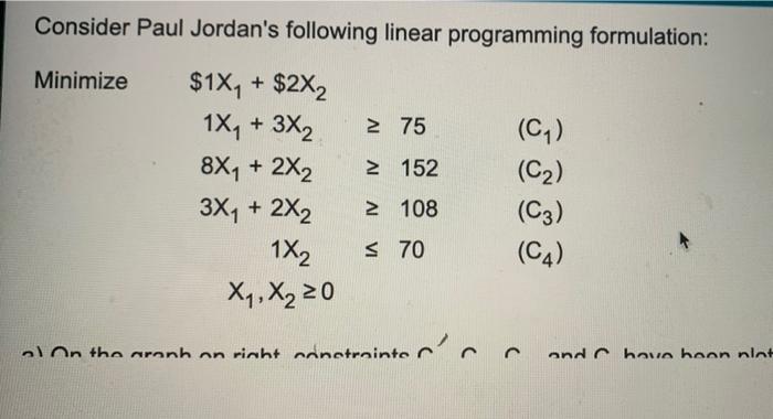 Consider Paul Jordan's following linear programming formulation: Minimize 275 2 152 $1X1 + $2X2 1x,...