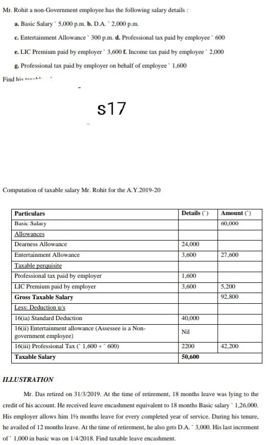 Mr. Rohit a non-Government employee has the following salary details : a. Basic Salary 5,000 p.m. b....