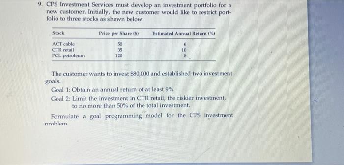 CPS Investment Services must develop an investment portfolio for a new customer. Initially, the new...