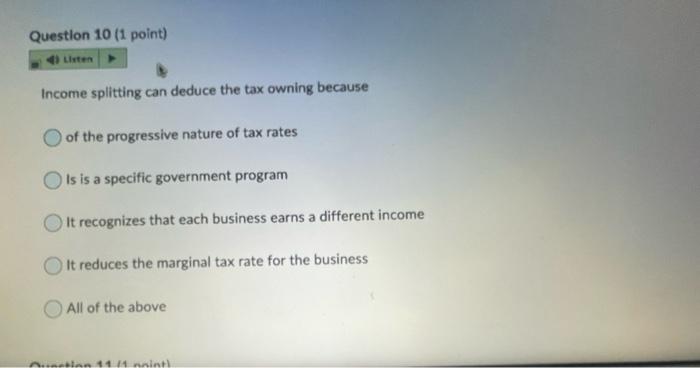 Listen Income splitting can deduce the tax owning because of the progressive nature of tax rates Is...