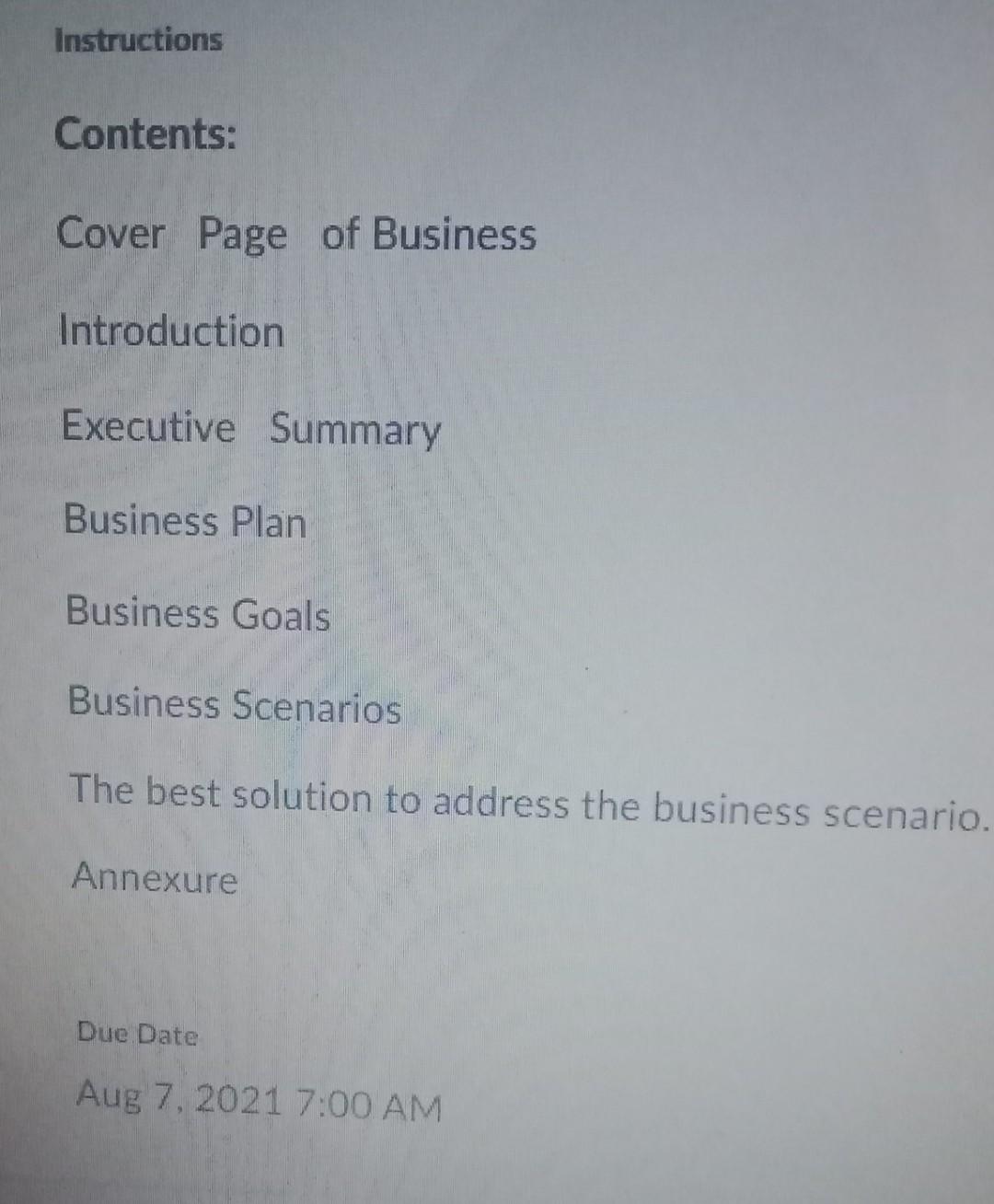 Instructions Contents: Cover Page of Business Introduction Executive Summary Business Plan Business...