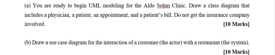 You are ready to begin UML modeling for the Aldo Sohm Clinic. Draw a class diagram that includes a...