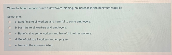 When the labor demand curve s downward-sloping, an increase in the minimum wage is: Select one: a....