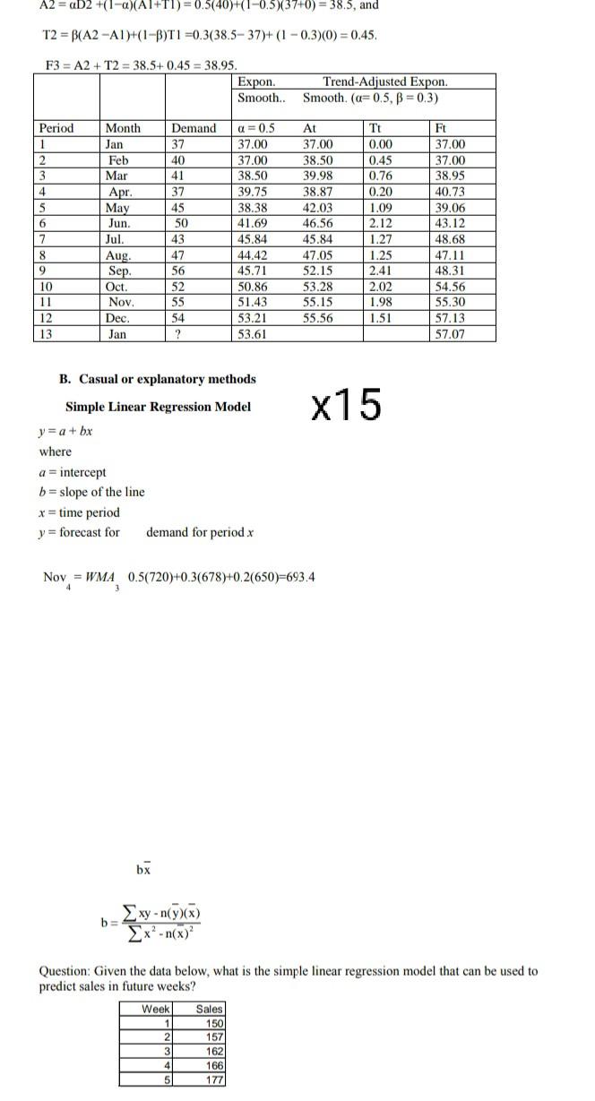 A2 = aD2 +(1-a)(Al+Tl) = 0.5(40)+(1-0.5)(37+0) = 38.5, and T2 = B(A2-A1)+(1-B)T1 =0.3(38.5-37)+ (1...