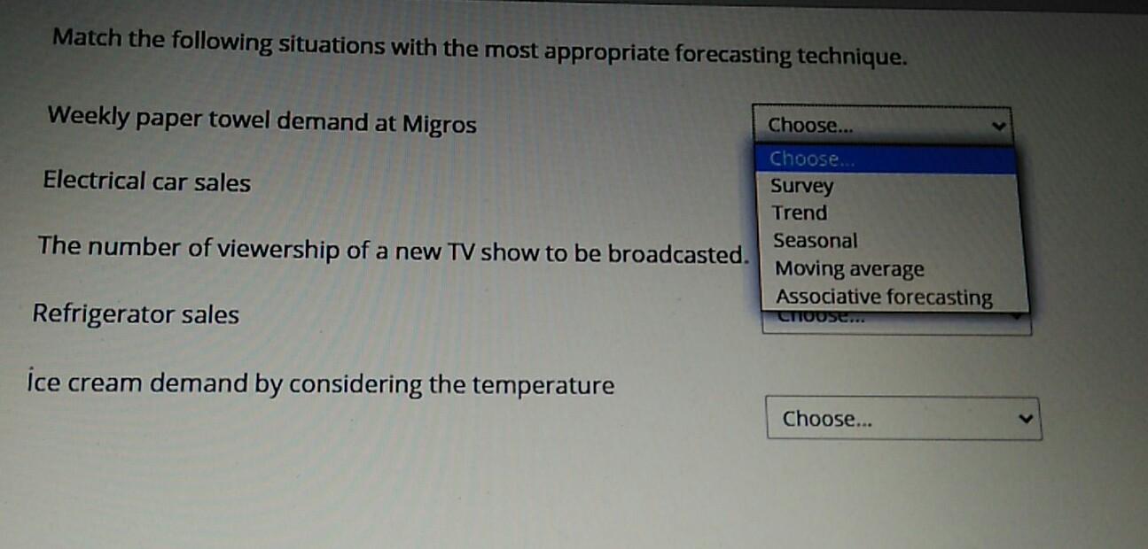 Match the following situations with the most appropriate forecasting technique. Weekly paper towel...