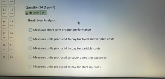 Listen 14 15 Break Even Analysis: Measures short term product performance 17 18 Measures units...