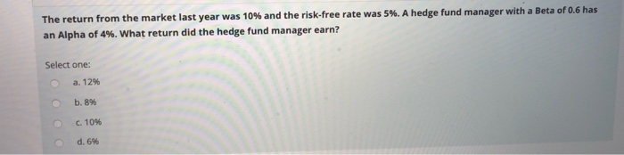 The return from the market last year was 10% and the risk-free rate was 5%. A hedge fund manager...