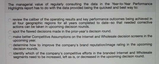 The managerial value of regularly consulting the data in the Year-to-Year Performance Highlights...