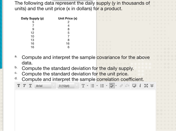 The following data represent the daily supply (y in thousands of units) and the unit price (x in...