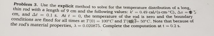Use the explicit method to solve for the temperature distribution of a long, thin rod with a length...