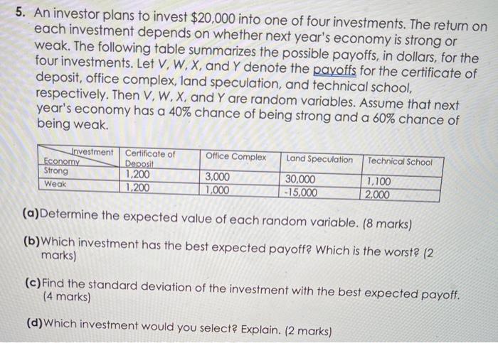An investor plans to invest $20,000 into one of four investments. The return on each investment...