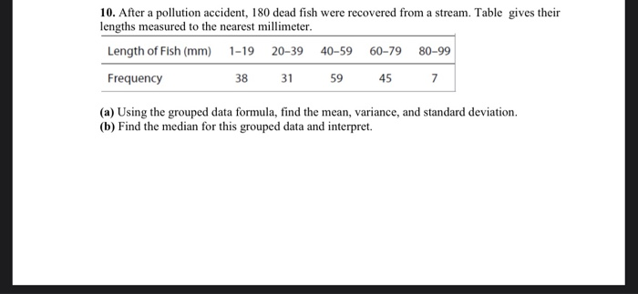 After a pollution accident, 180 dead fish were recovered from a stream. Table gives their lengths...