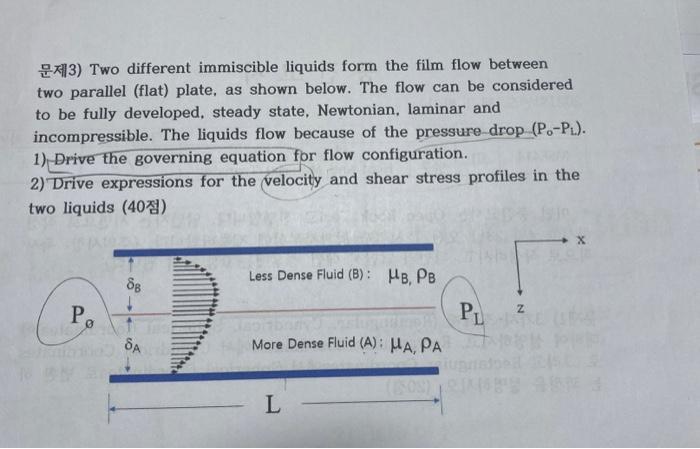 Two different immiscible liquids form the film flow between two parallel (flat) plate, as shown...