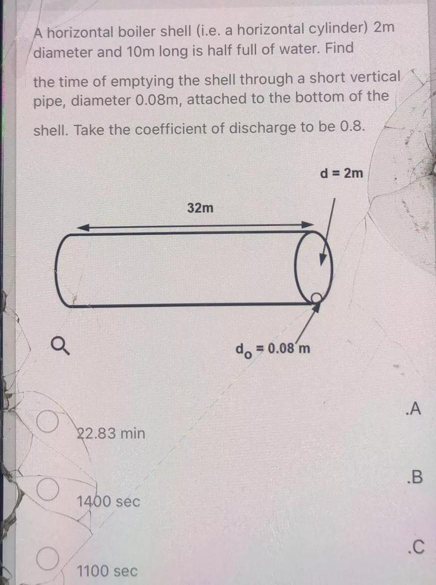 A horizontal boiler shell (i.e. a horizontal cylinder) 2m diameter and 10m long is half full of...-1