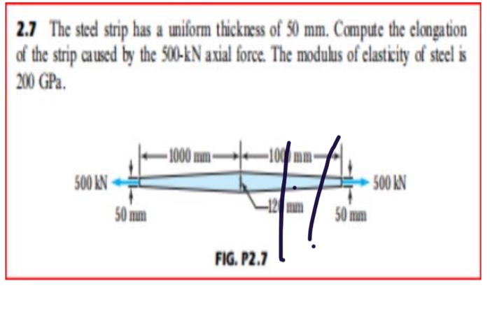 The steel strip has a uniform thickness of 50 mm. Compute the clongation of the strip caused by the...