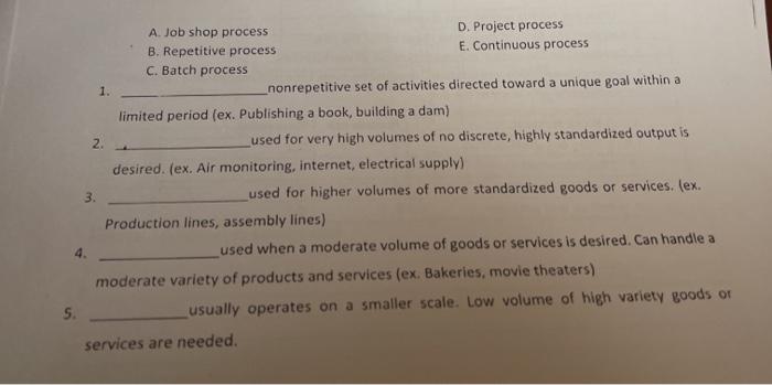 A. Job shop process D. Project process B. Repetitive process E. Continuous process C. Batch process...