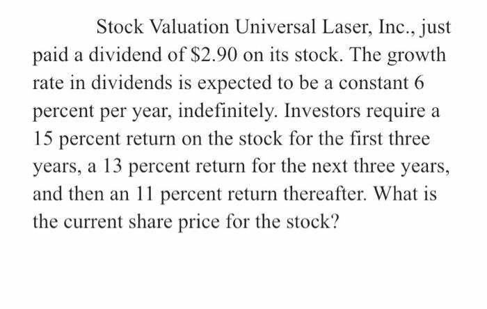 Stock Valuation Universal Laser, Inc., just paid a dividend of $2.90 on its stock. The growth rate...