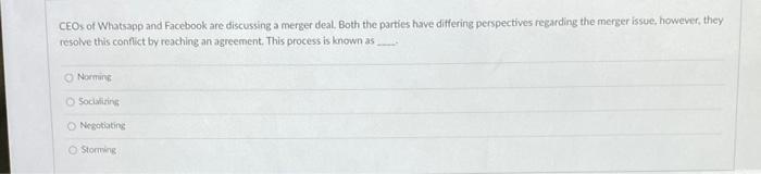 CEOs of Whatsapp and Facebook are discussing a merger deal. Both the parties have differing...