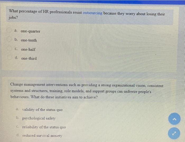 What percentage of HR professionals resist outsourcing because they worry about losing their jobs? a...