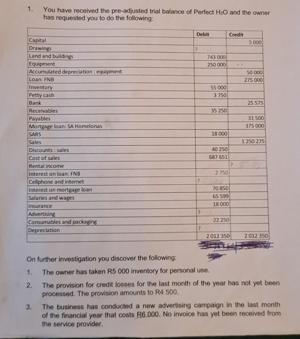 You have received the pre-adjusted trial balance of Perfect H20 and the owner has requested you to...-1