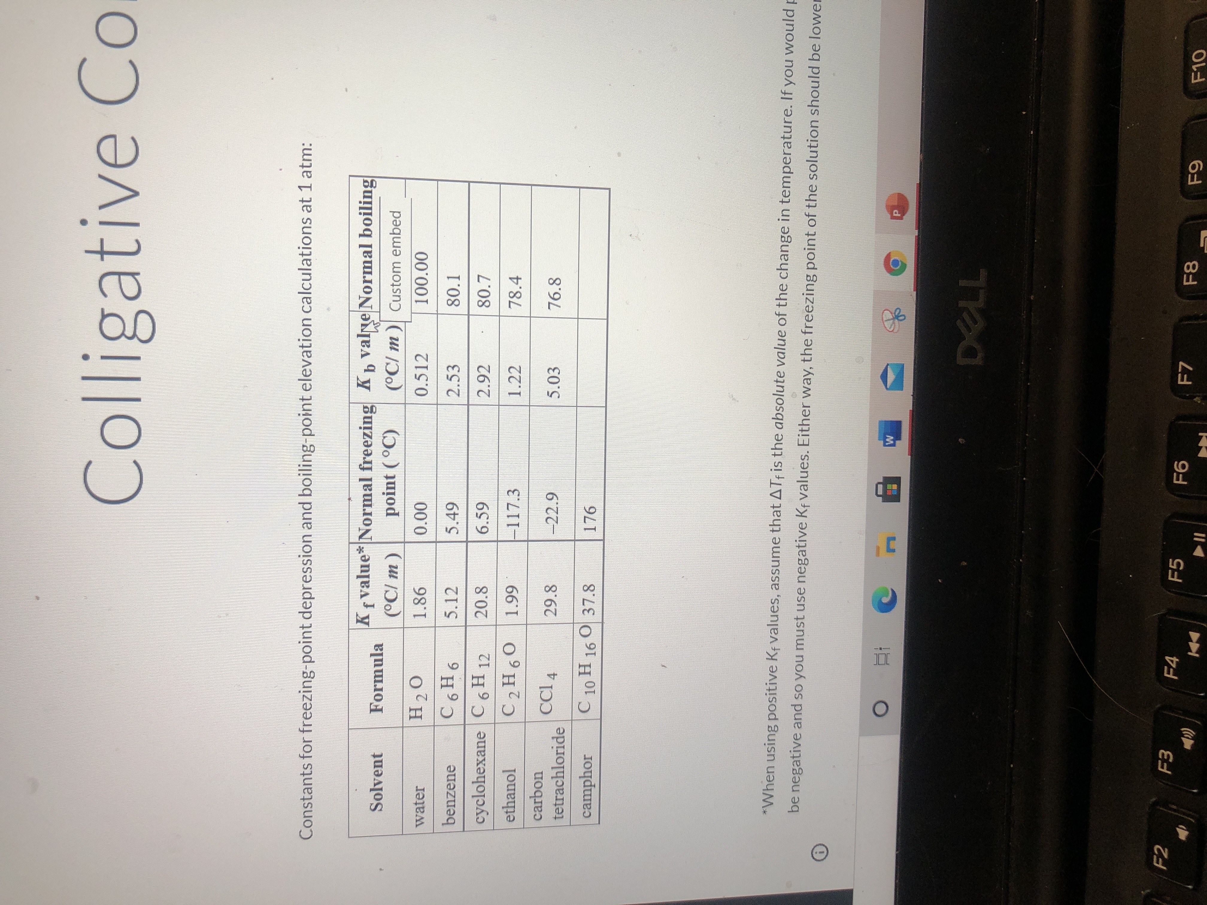 Calculate the boiling points of a 8.50 m aqueous solution of fructose. Boiling point constants can...'001
benzene
5.12
2.53
80.1
cyclohexane C6 H 12
20.8
6.59
2.92
80.7
ethanol
C2H60
66 T
-117.3
1.22
78.4
carbon
CCI 4
29.8
-22.9
5.03
76.8
tetrachloride
camphor
C 10 H 16 O 37.8
176
*When using positive Ke values, assume that ATf is the absolute value of the change in temperature. If you would p
be negative and so you must use negative Kf values. Either way, the freezing point of the solution should be lower
??
F2
F4
F5
F7
F8
(
