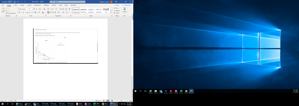 When a country has a comparative advantage in the production of a good, it means that it can produce...-2's consumeton after trade
Note: Dashed droo lines will automatically extend to both aves.
Maidonia
Coumpan Atar Tra
GRAN Ms of pound
The following grach shows the same PPF for Desonia as before, as well as its initial consumption at point A
9:51 AM
11/3/2021
Page 1 of 1
O words
O Focus
100%
9:51 AM
Home..
NC-R.
Inbox ...
HCHB..
Order .
Clinic...
Workf..
A A3f36.
G Adaf5.
COPY.
Mind...
Docu.
11/3/2021
|< > | 1>
