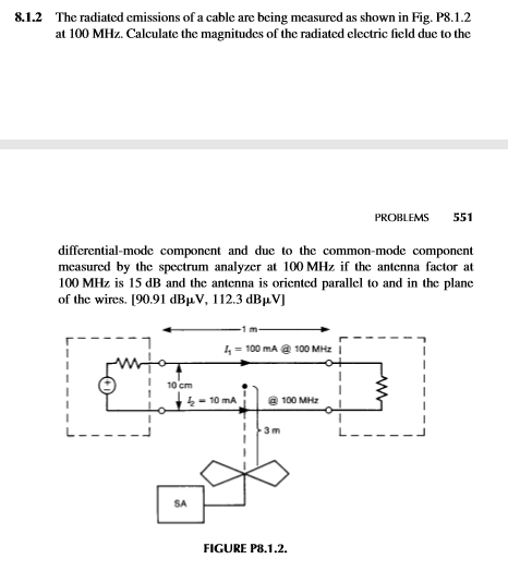 The radiated emissions of a cable are being measured as shown in Fig. P8.1.2 at 100 MHz. Calculate...