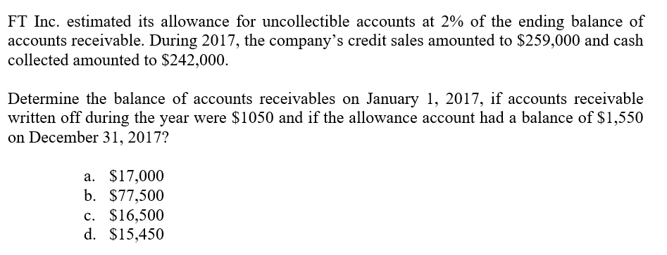 FT Inc. estimated its allowance for uncollectible accounts at 2% of the ending balance of accounts...-1