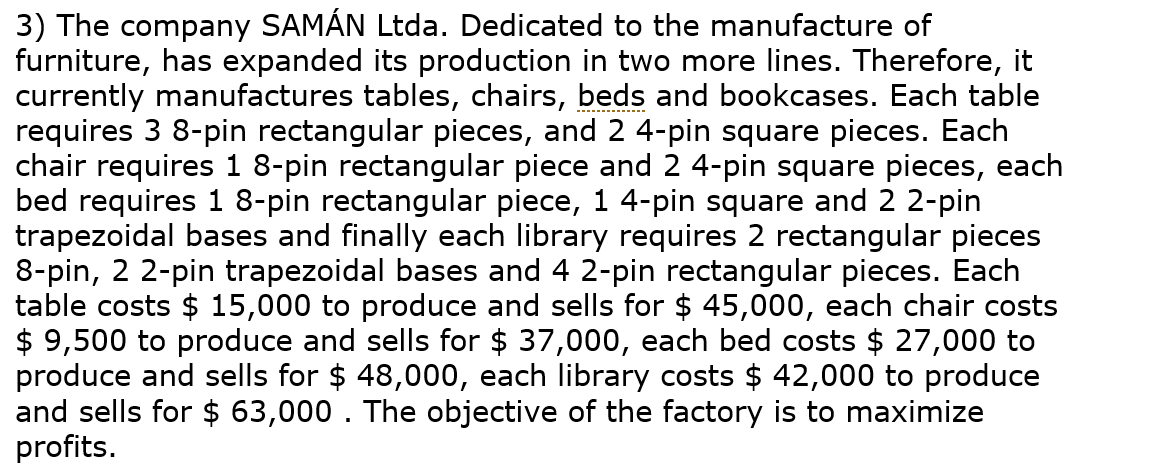 3) The company SAMÁN Ltda. Dedicated to the manufacture of furniture, has expanded its production in...-1