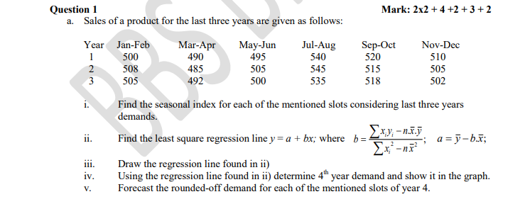 Mark: 2x2 + 4 +2 +3 + 2 Question 1 a. Sales of a product for the last three years are given as...