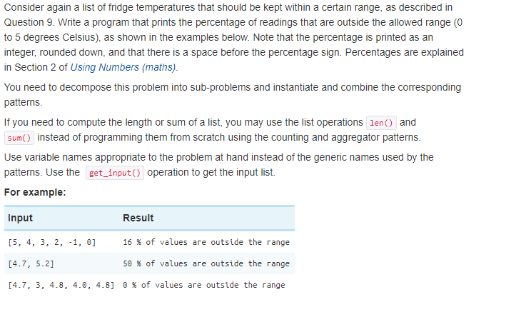 Write a program that prints the percentage of readings that are outside the allowed range (0 to 5...