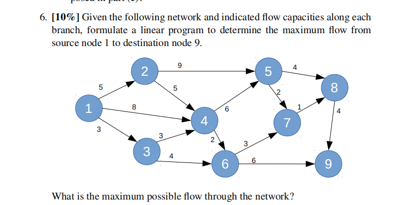 Given the following network and indicated flow capacities along each branch, formulate a linear...