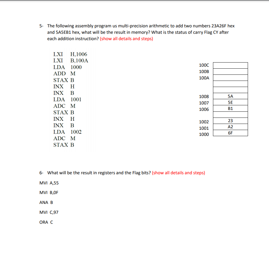 The following assembly program us multi-precision arithmetic to add two numbers 23A26F hex and...