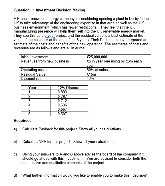 Question : Investment Decision Making A French renewable energy company is considering opening a...