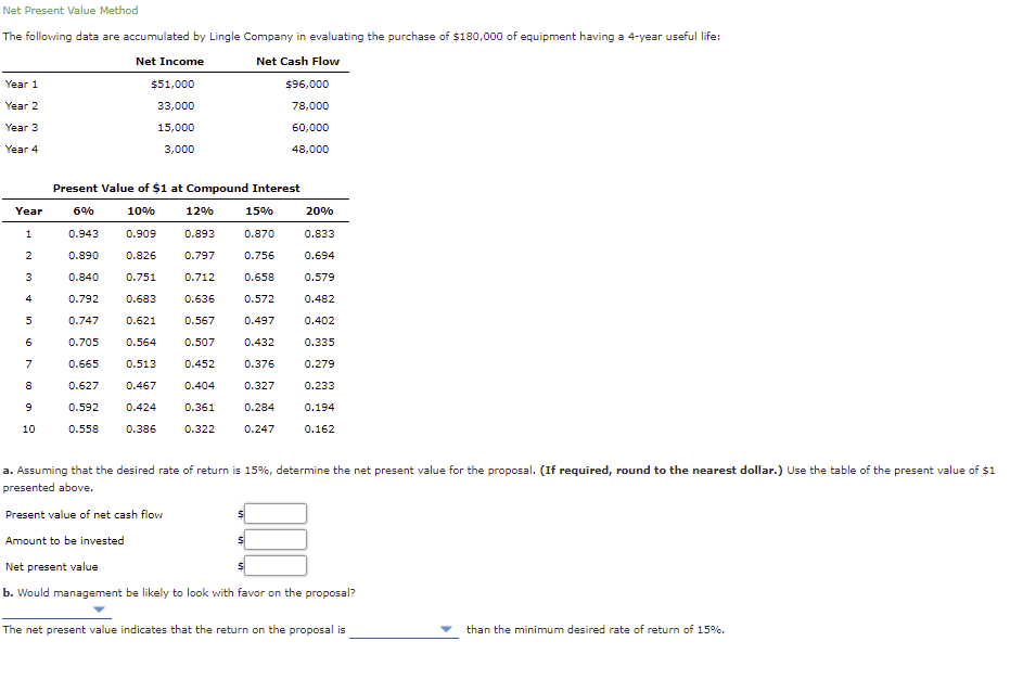 The following data are accumulated by Lingle Company in evaluating the purchase of $180,000 of...