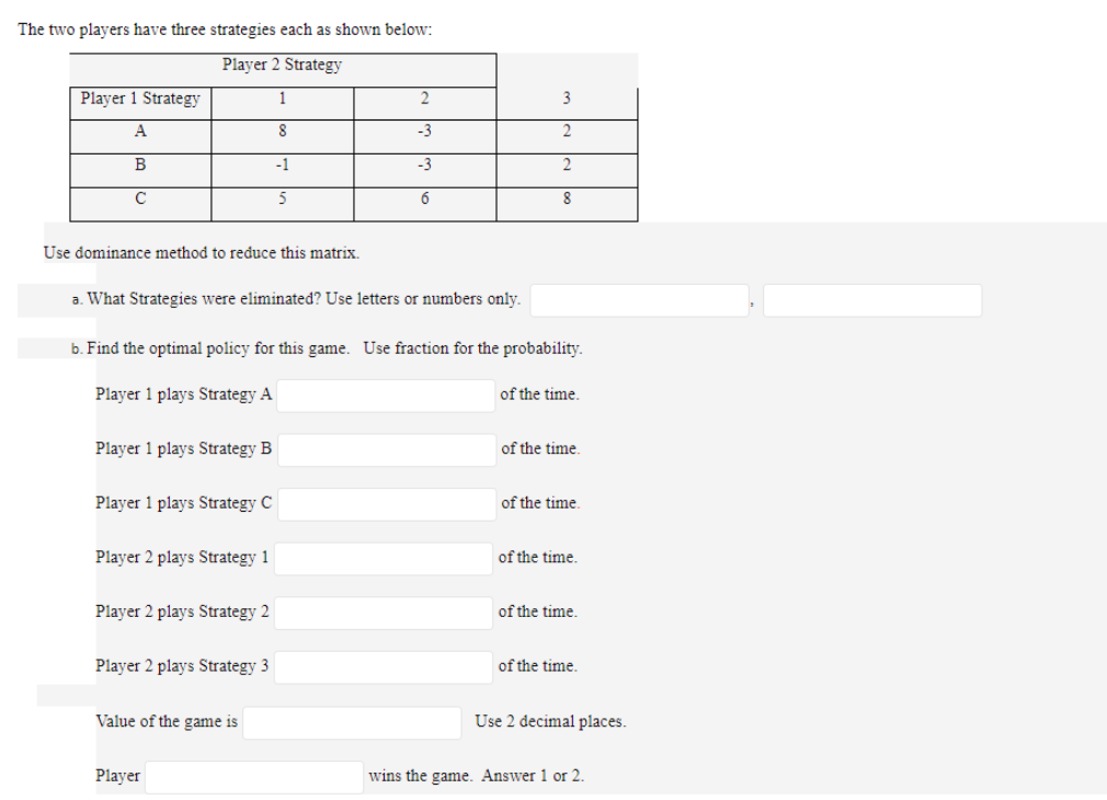 The two players have three strategies each as shown below: Player 2 Strategy Player 1 Strategy 1 2....