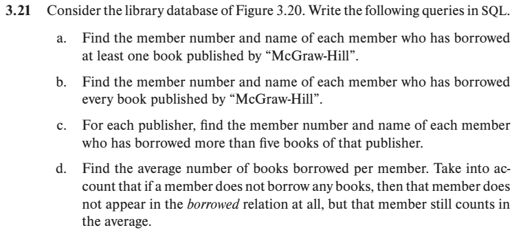 Write the following queries in SQL. a. Find the member number and name of each member who has...