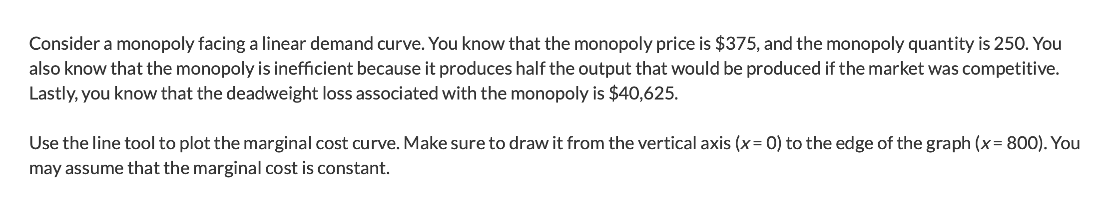 :Consider a monopoly facing a linear demand curve. You know that the monopoly price is $375, and the...