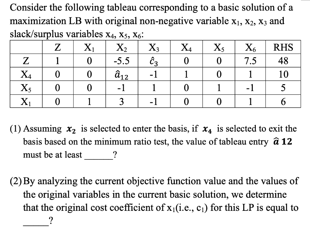 Consider the following tableau corresponding to a basic solution of a maximization LB with original...