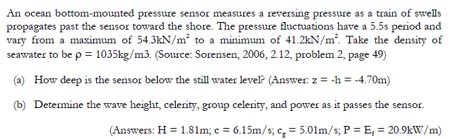 An ocean bottom-mounted pressure sensor measures a reversing pressure as a train of swells...