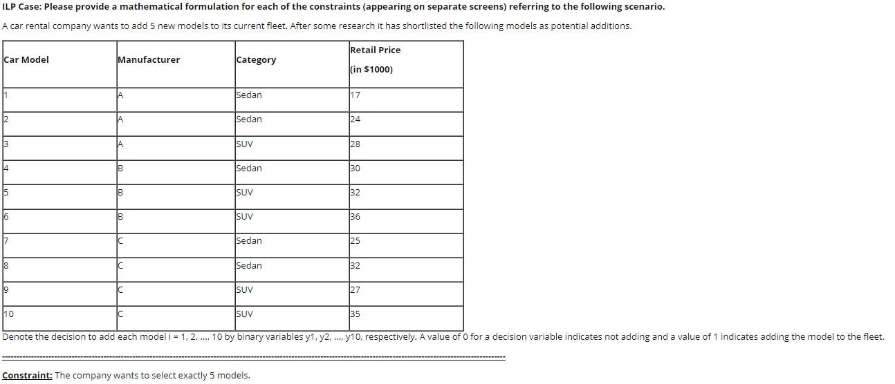 ILP Case: Please provide a mathematical formulation for each of the constraints (appearing on...