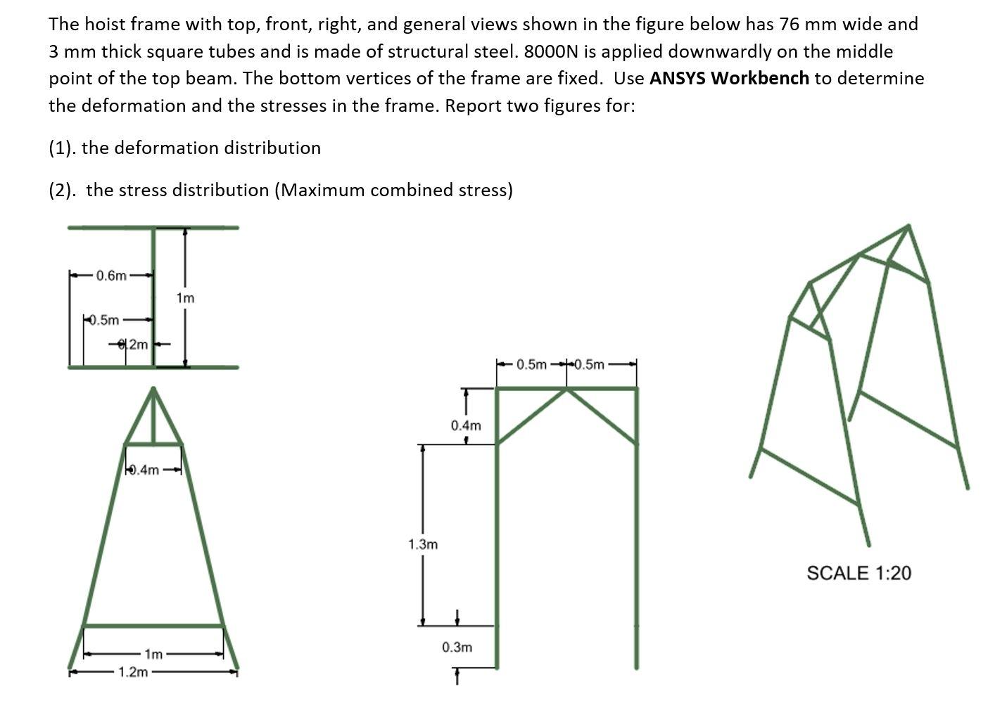 The hoist frame with top, front, right, and general views shown in the figure below has 76 mm wide...