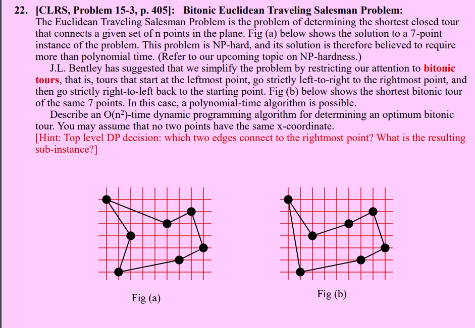 Bitonic Euclidean Traveling Salesman Problem: The Euclidean Traveling Salesman Problem is the...