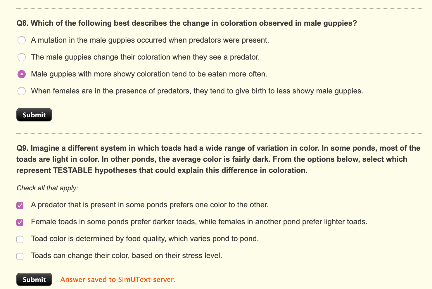 Which of the following best describes the change in coloration observed in male guppies? A mutation...