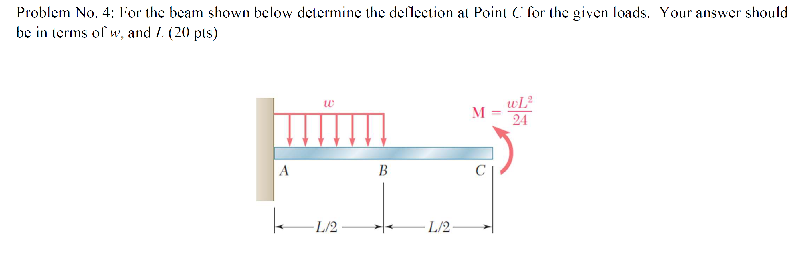 For the beam shown below determine the deflection at Point C for the given loads. Your answer should...