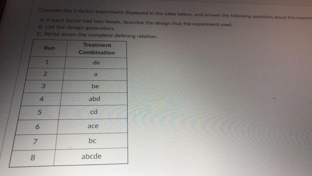 Consider the 5-factor experiment displayed in the table below, and answer the following questions...